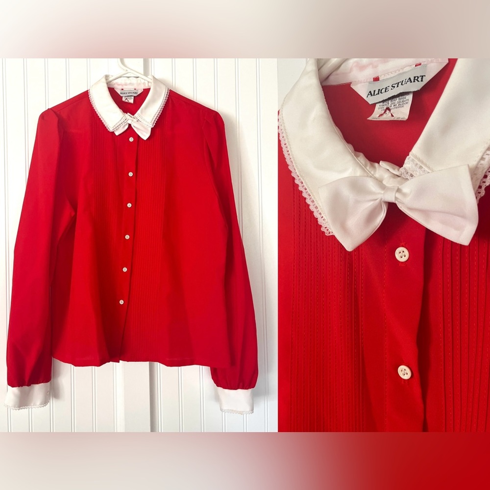 Vintage Red Blouse Bow Tie Neck White Collar Lace Pleated Front Alice Stuart